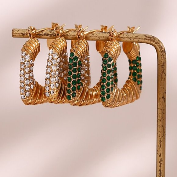 Green Zircon Chunky Square PVD 18K Gold Hoop Earrings Stainless Steel - Picture 7 of 8